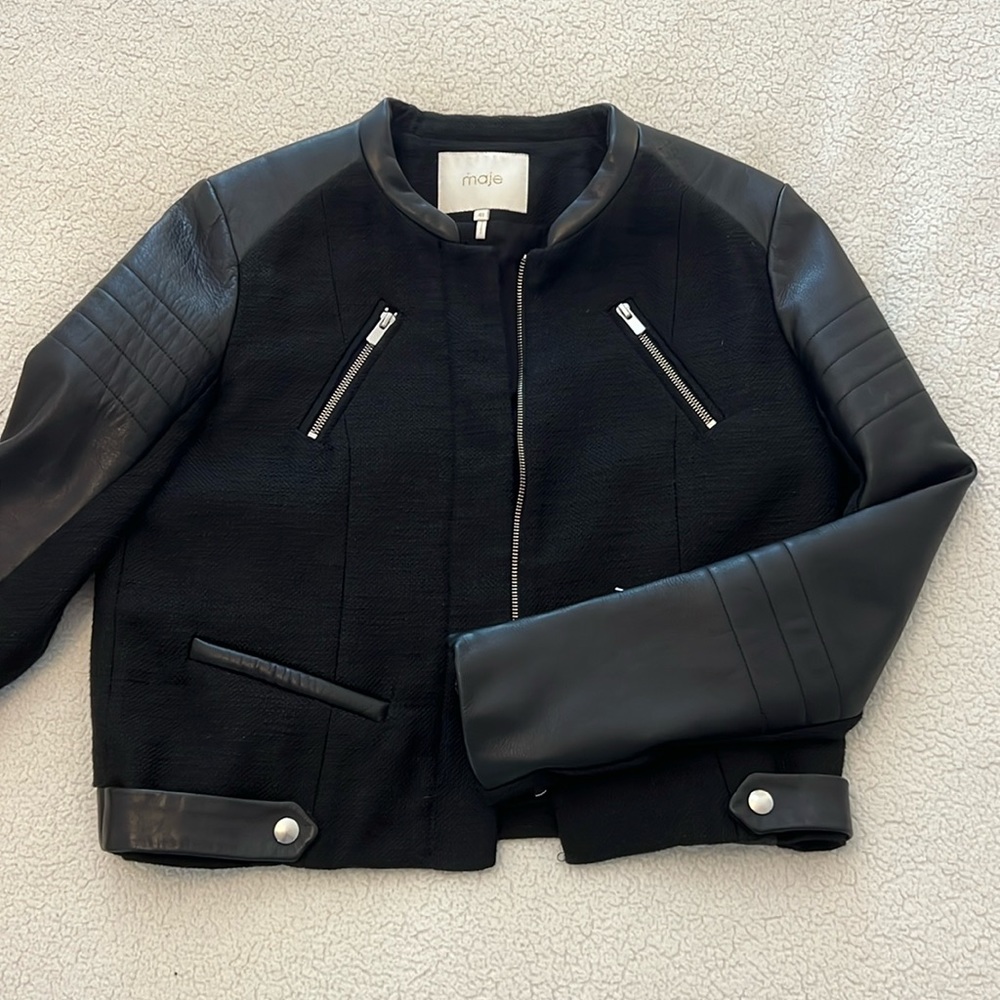 MAJE Womens Black Linen Blend Leather Zip Front Moto Jacket Size 40 (L).